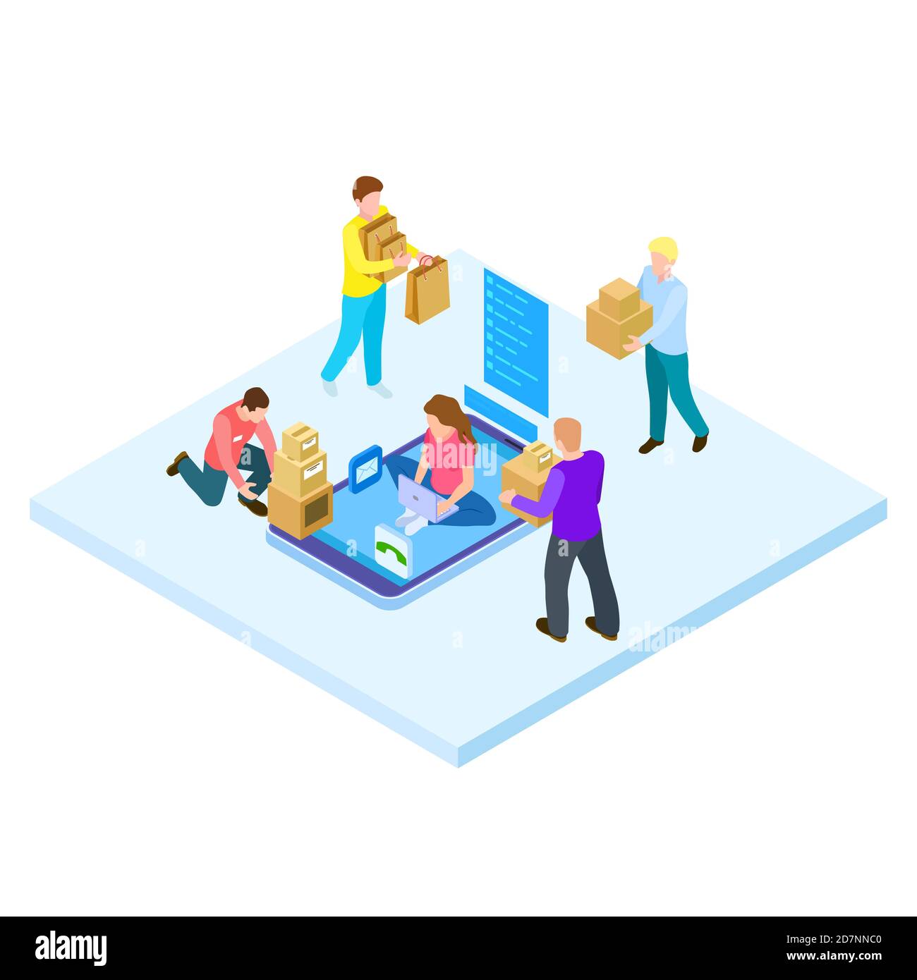 Online shopping and home delivery isometric vector concept. Illustration of isometric fast order, courier with cardboard Stock Vector