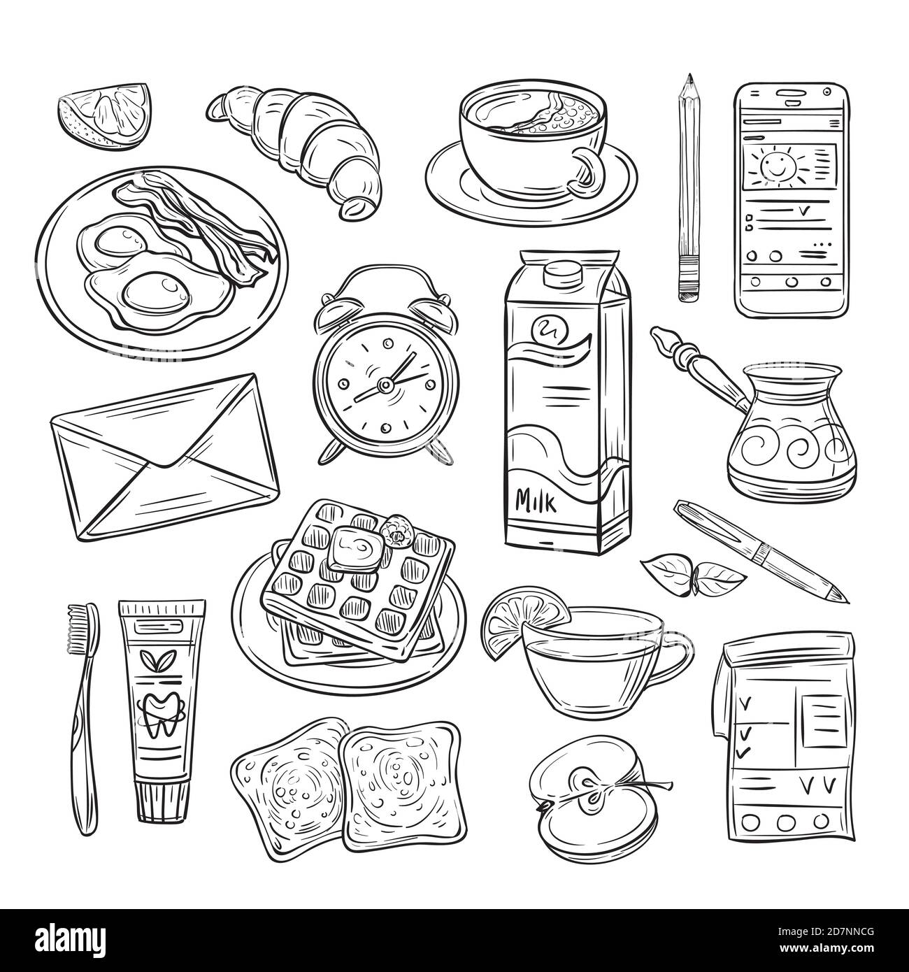 Good morning doodle. Healthy breakfast, happy mood of summer day. Sketch drawing vector set. Illustration of food for menu, coffee and breakfast Stock Vector