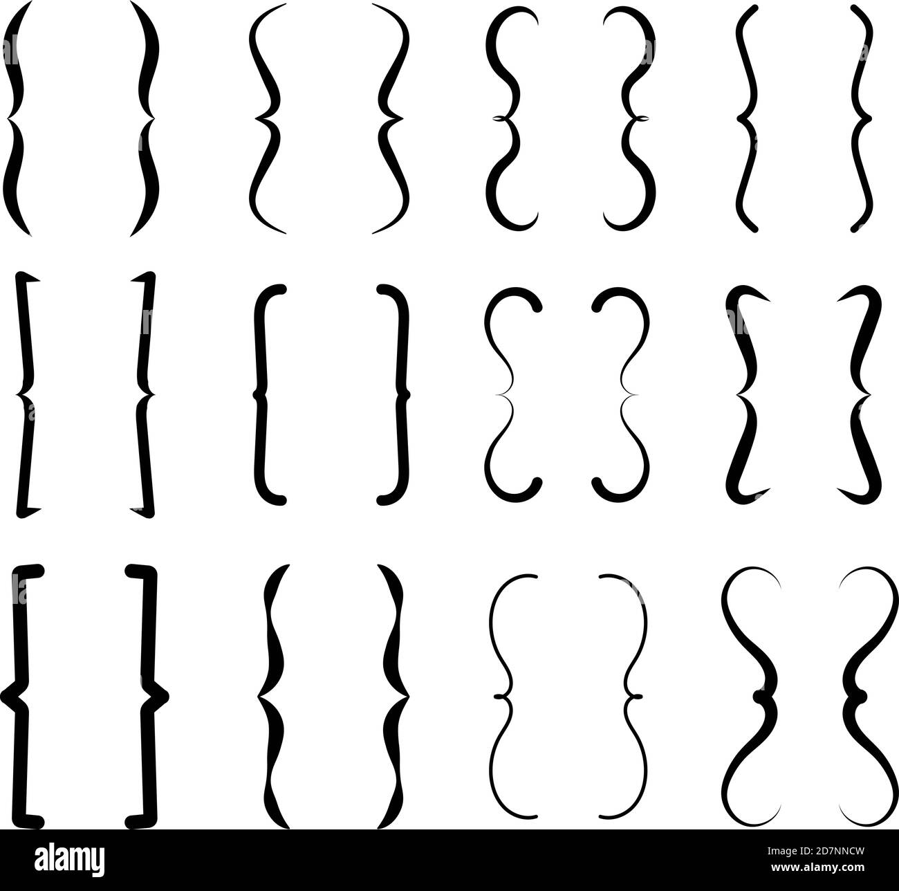 Brace bracket. Curly brackets icons. Vintage calligraphic typographic shapes, punctuation and text parenthesis vector isolated signs. Illustration typographic punctuation, brace and bracket Stock Vector