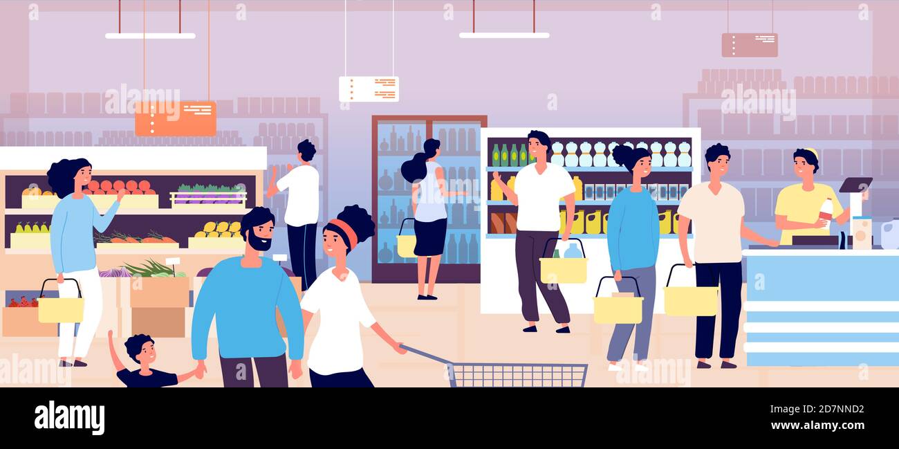 People in grocery store. Customers buying food in supermarket. Shopping customers choosing products. Consumerism vector concept. Interior of supermarket, buying food and drink illustration Stock Vector