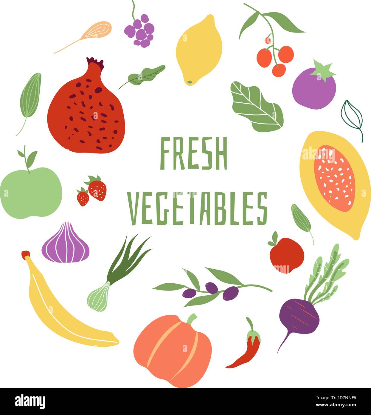 Fresh vegetables. Vegetable logo healthy food shop eco organic meal vector frame. Illustration of harvest fruits and vegetable Stock Vector