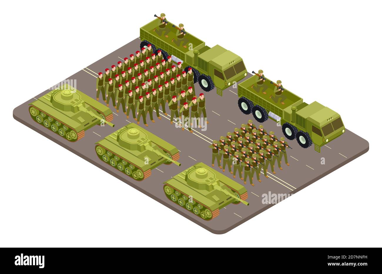 Military parade vector isometric with soldiers and military equipment. Military parade army, soldier uniform illustration Stock Vector