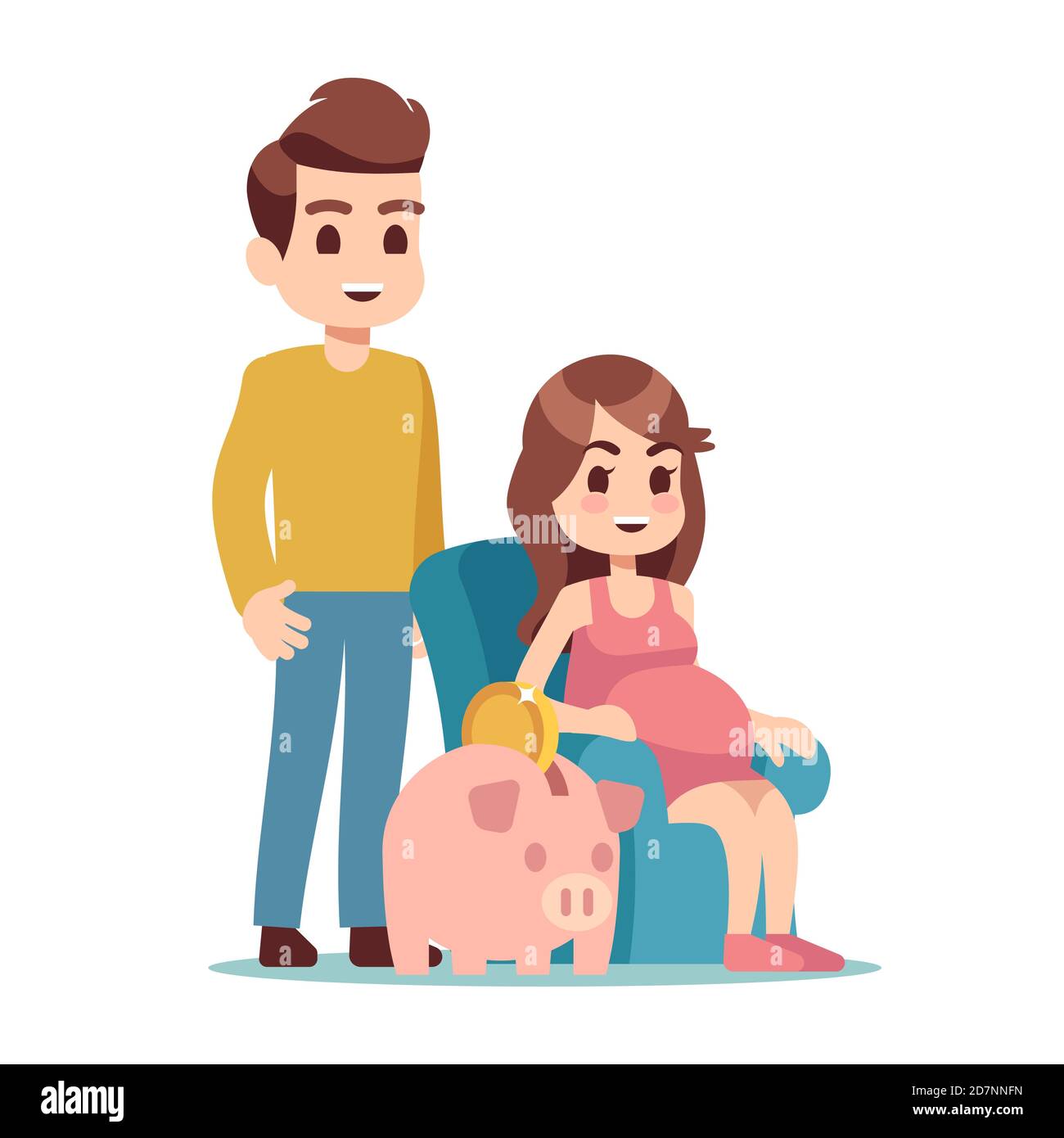 Pregnant woman, man and piggy bank. Saving money for future flat vector illustration. Woman pregnancy with big belly, save money to parenthood Stock Vector