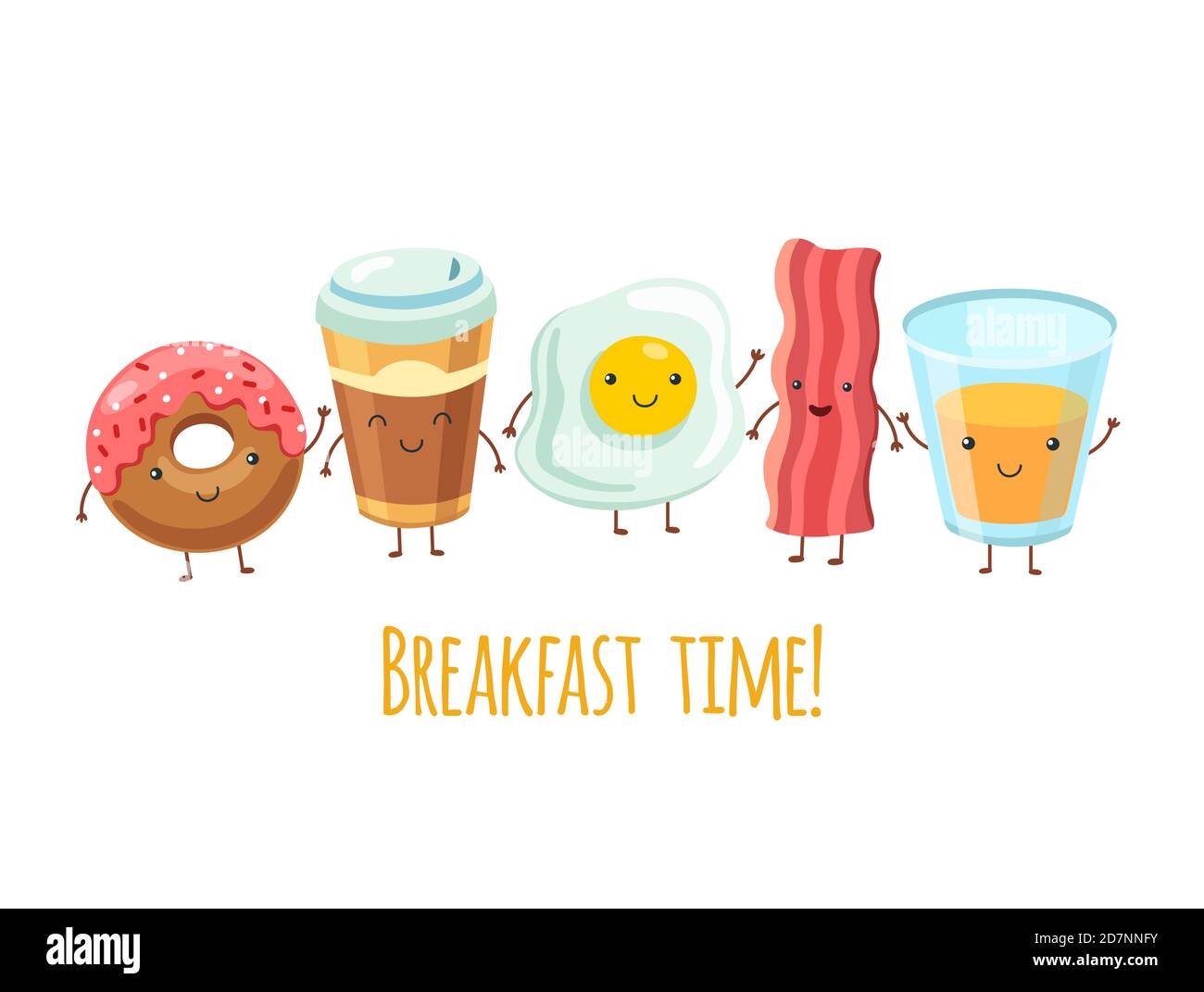 Happy breakfast characters. Egg sandwich coffee. Breakfast meal fried bacon. Cartoon funny food friends vector set. Breakfast food, bacon and coffee, fresh coffee illustration Stock Vector