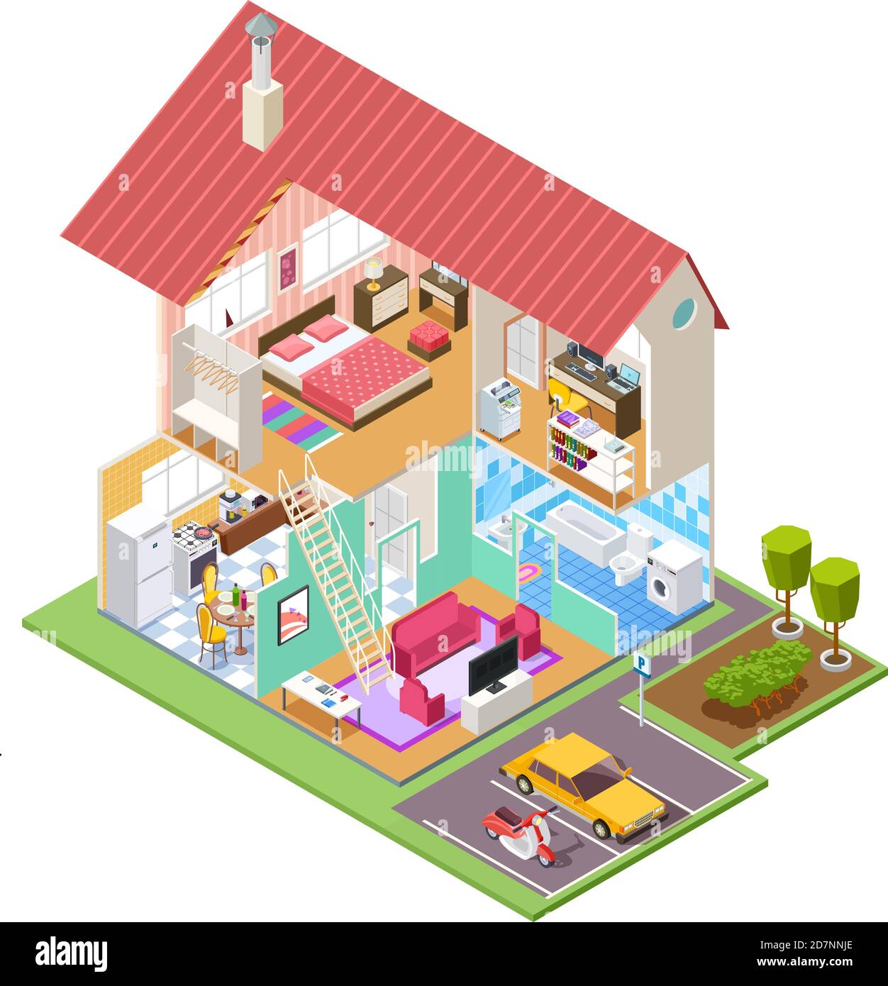 Cutaway house isometric. Housing construction cross section with kitchen bedroom bathroom interior. 3d vector house inside. Bathroom and kitchen isometric interior in home building illustration Stock Vector
