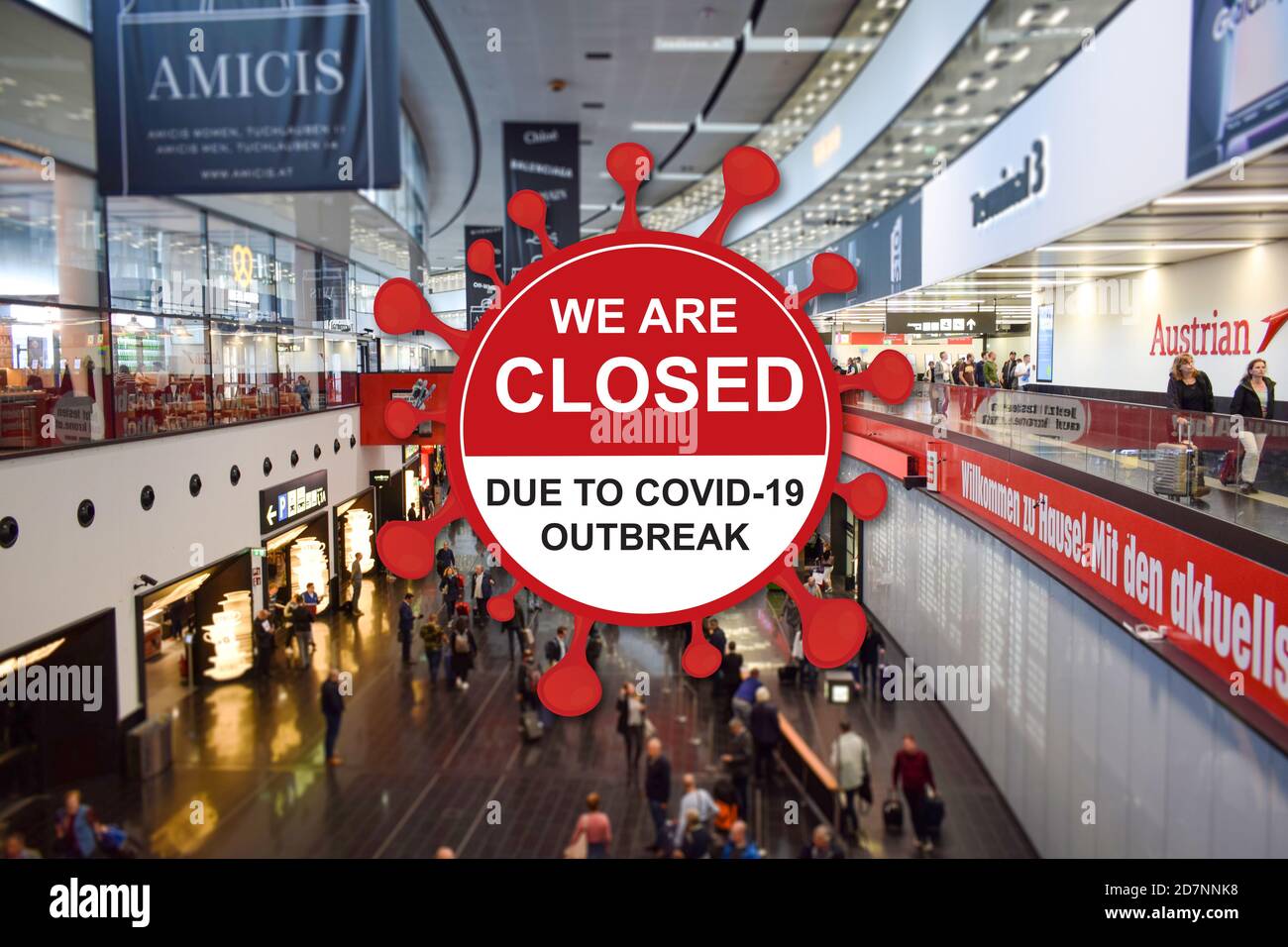 Vienna, Austria: May/20/2019 - Vienna International Airport. Stay home and don't travel. Keep distance from each other. Concept illustration. Stock Photo