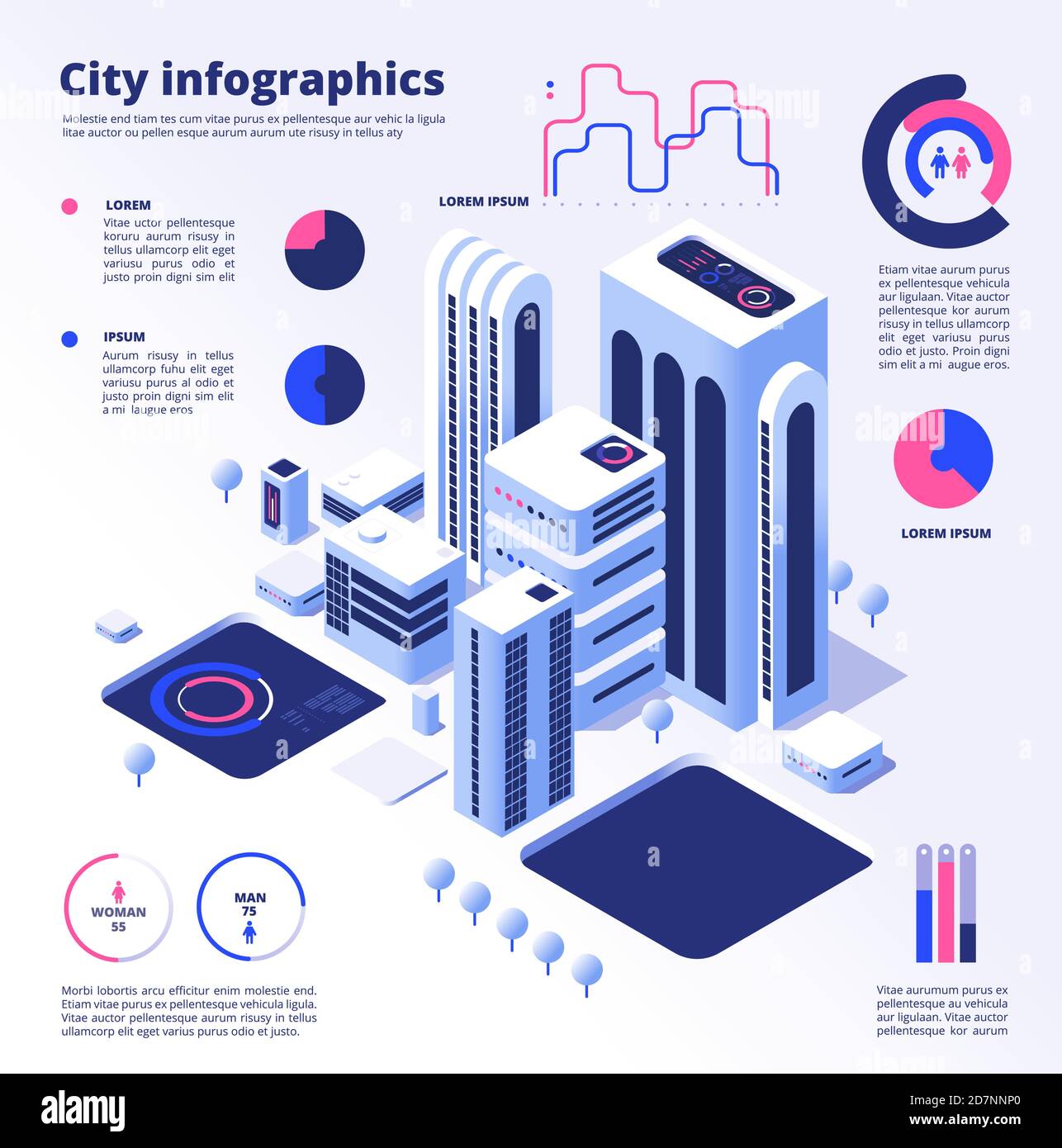 City smart infographic. Urban digital innovation future office futuristic architecture skyscraper smart cities vector business concept. Future smart building, architecture digital illustration Stock Vector