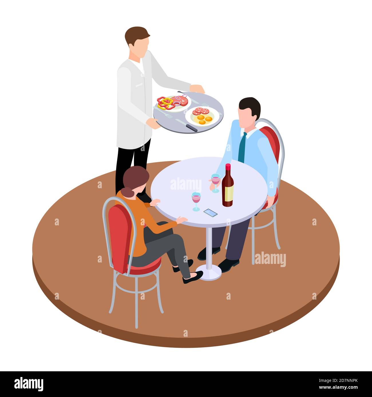 Romantic dating in restaurant isometric vector illustration. Romantic dating dinner couple man and woman Stock Vector