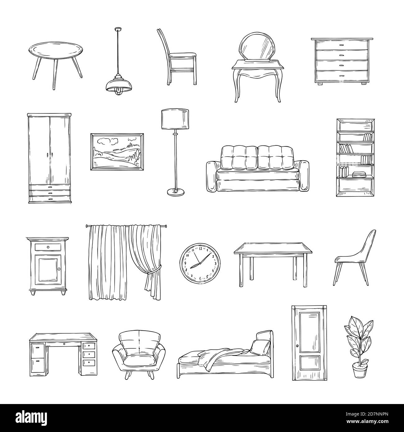 Sketch furniture. Bookcase and chairs, sofa and table, wardrobe and lamp home plants. Interior vintage hand drawn isolated elements. Furniture interior, table and sofa, chair and lamp illustraion Stock Vector