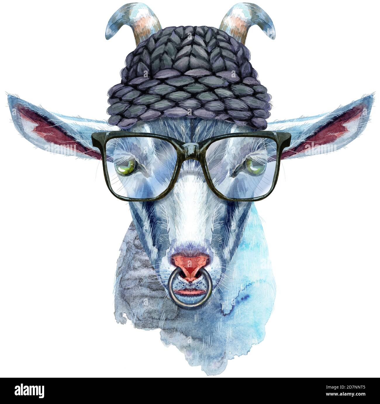 Goat with glasses and black hat watercolor illustration isolated on white  background Stock Photo - Alamy