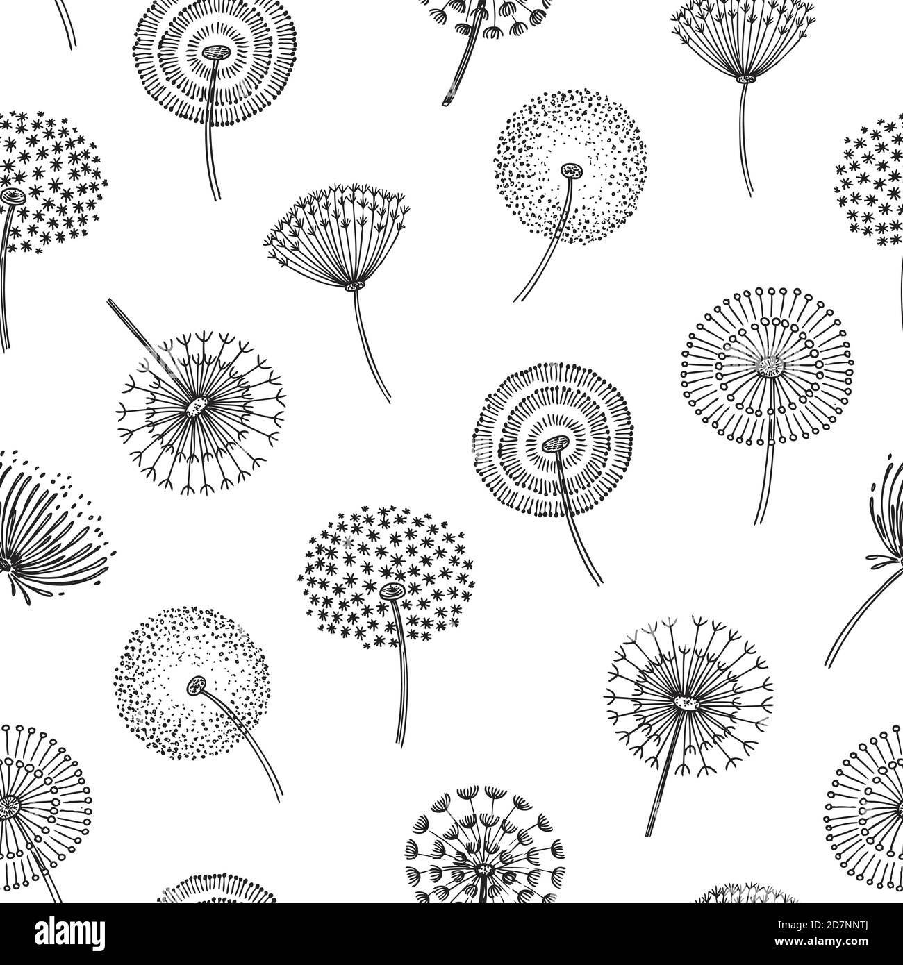 Dandelion seamless pattern. Dandelions grass pollen plant seeds blowing tranquil wind fluff flower macro nature vector spring texture. Dandelion seamless pattern, flower softness illustration Stock Vector
