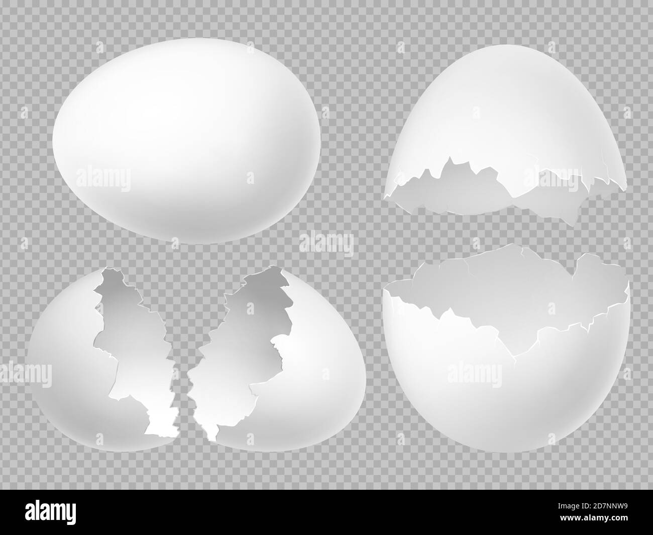 Vector realistic white eggs set with whole and broken eggs isolated on transparent background. Illustration of eggshell, shell from broken egg Stock Vector