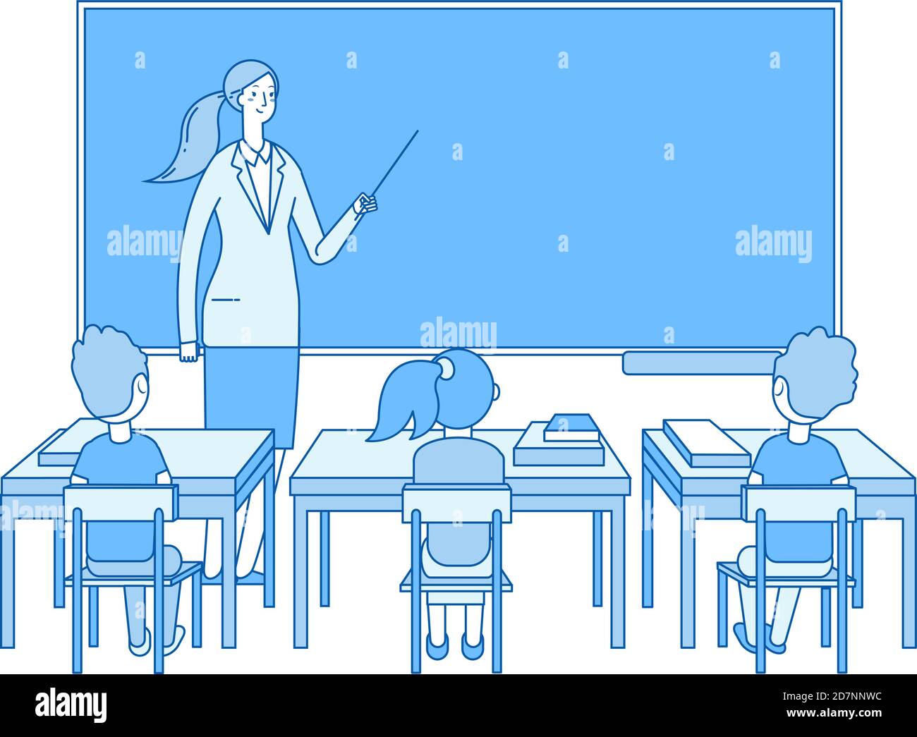 Teacher in classroom. Young woman at blackboard teaching, kids students studying in class. Elementary school education vector concept. Illustration of young teacher teach school kids Stock Vector