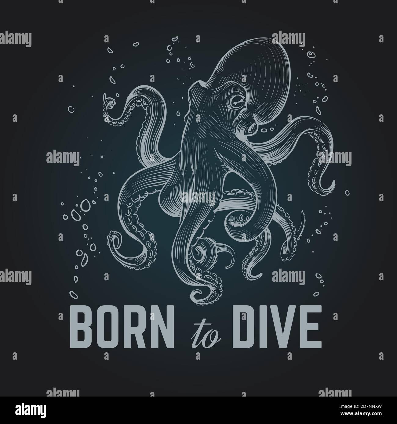 Octopus poster. Born to dave vintage hand drawn chalk diving background. Octopus scuba retro vector illustration. Octopus underwater, marine monster with tentacle Stock Vector