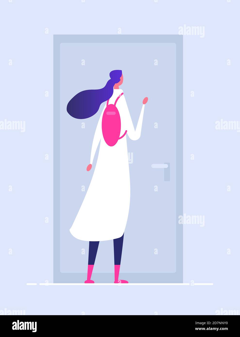 Woman at house door. Female entering building person in doorway girl opening door welcome vector concept. Illustration of woman knocking, at home door Stock Vector