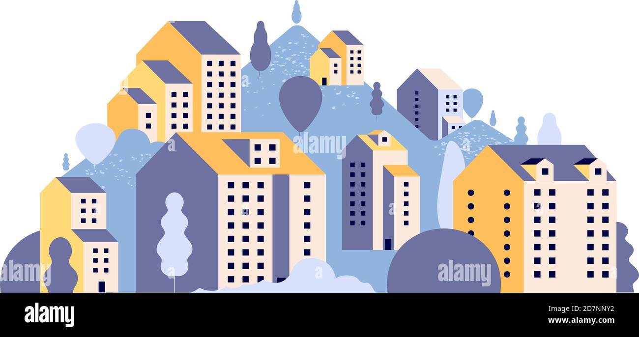 City landscape. Minimal residential houses in summer mountain landscape. Outdoor 2d urban scene with buildings vector background. Urban residential district city mountain, landscape illustration Stock Vector