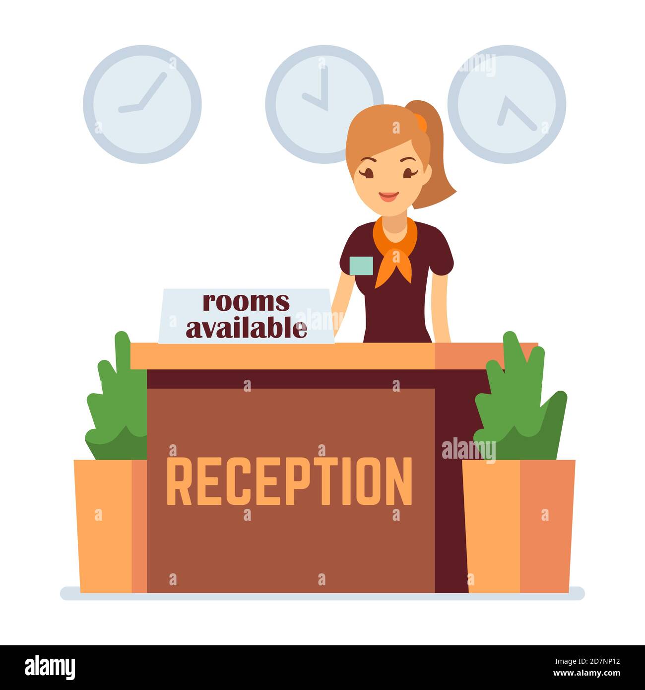 Hotel or hostel reception with cartoon girl. Rooms available vector concept. Hotel receptionist, reception desk service illustration Stock Vector
