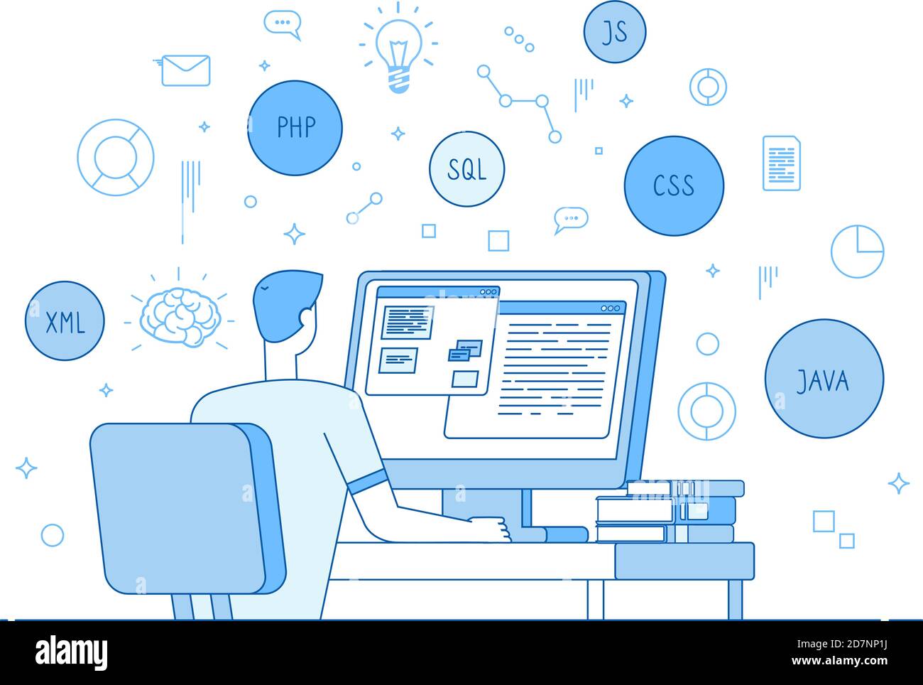 Programmer coding website. Coder web designer works on javascript, php code programming language. Software development vector concept. Software coder type java app, programmer at computer illustration Stock Vector