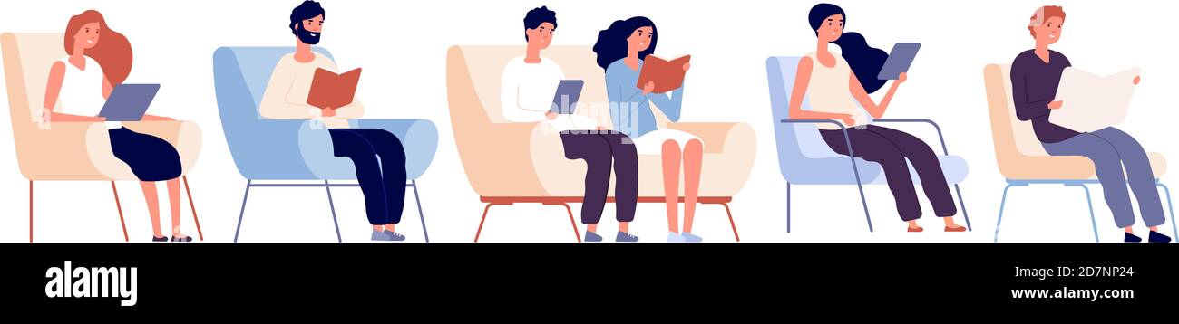 Readers characters. Persons reading books sitting on chair in bookstore. Students studying in university library vector concept. Illustration of reader sit in armchair and sofa, students studying Stock Vector