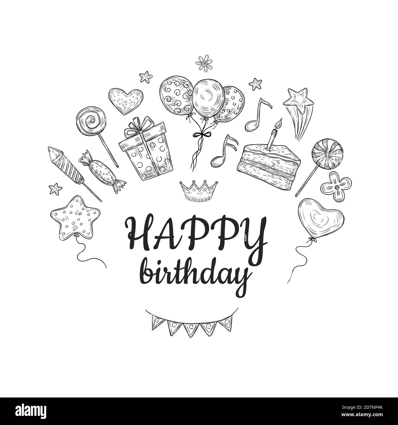 Happy birthday sketch background. Birthday celebration party drawn cake balloon kids surprise holiday doodle vector vintage texture. Illustration of happy birthday sketch poster with celebrate element Stock Vector