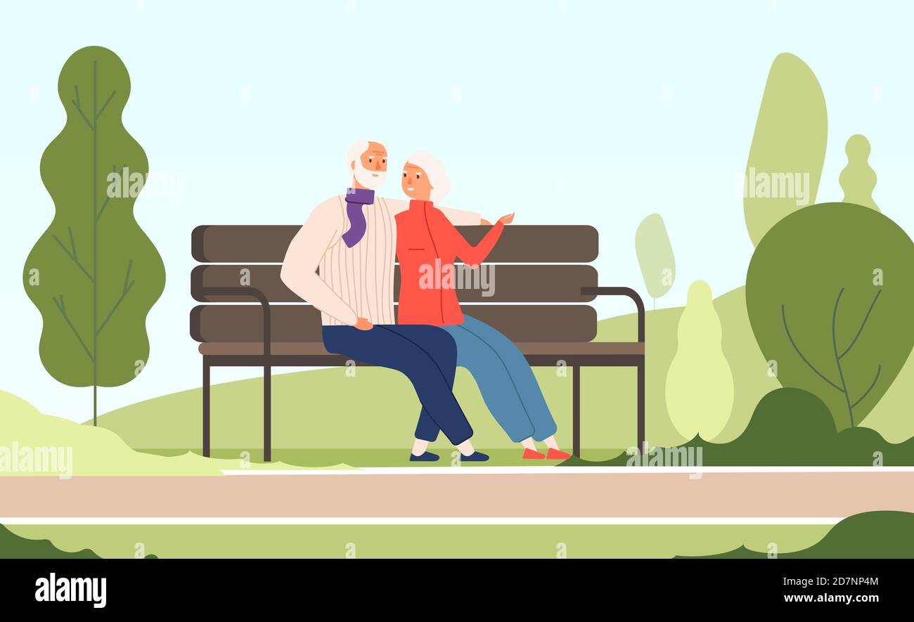 Elderly couple park. Seniors happy grandfather grandmother sitting on bench old family in summer nature city park vector concept. Illustration of couple sit on bench, grandfather and grandmother relax Stock Vector