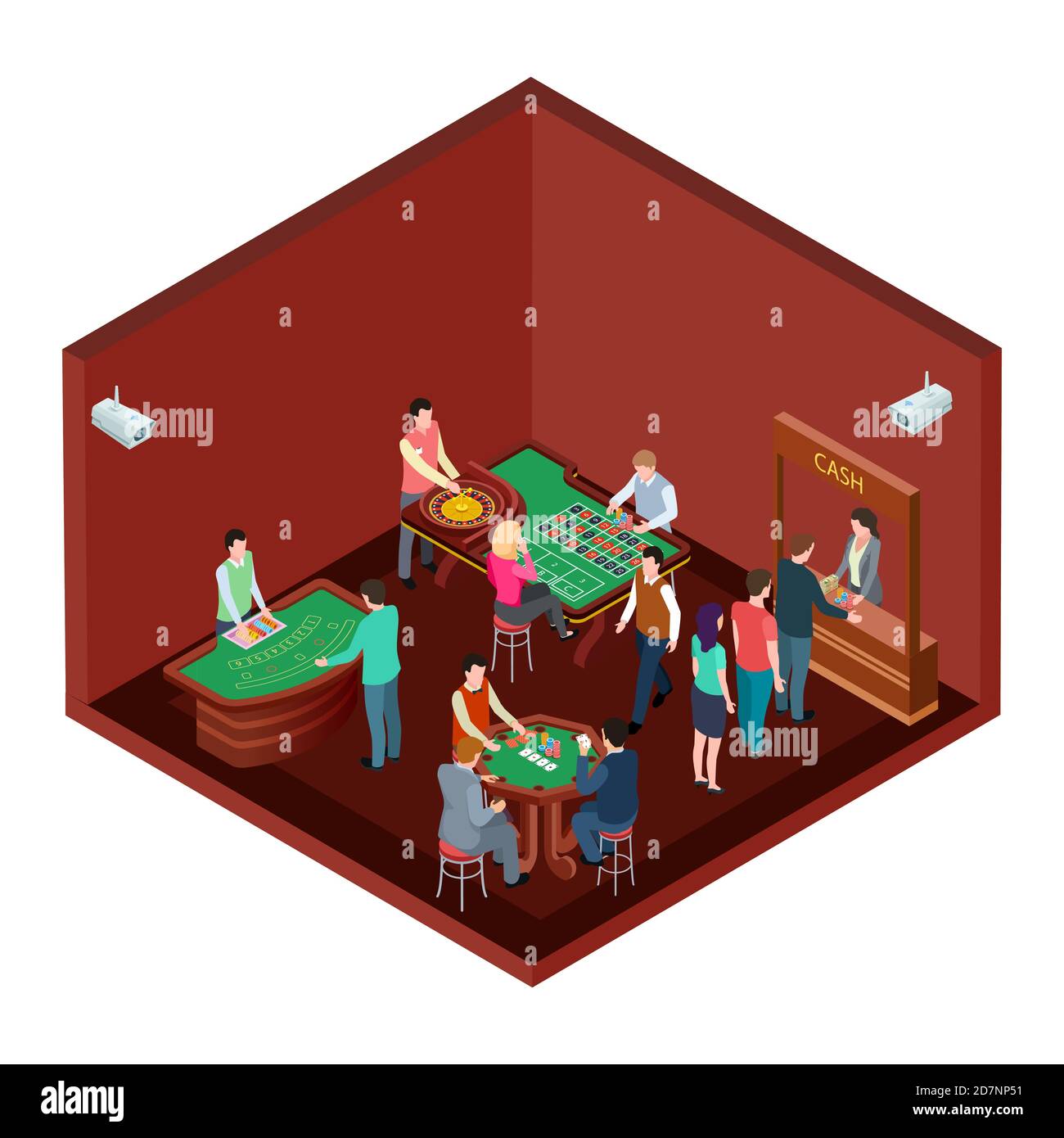 Gambling, casino room with people isometric vector design. Casino isometric, poker and jackpot, interior of room for gamble game illustration Stock Vector