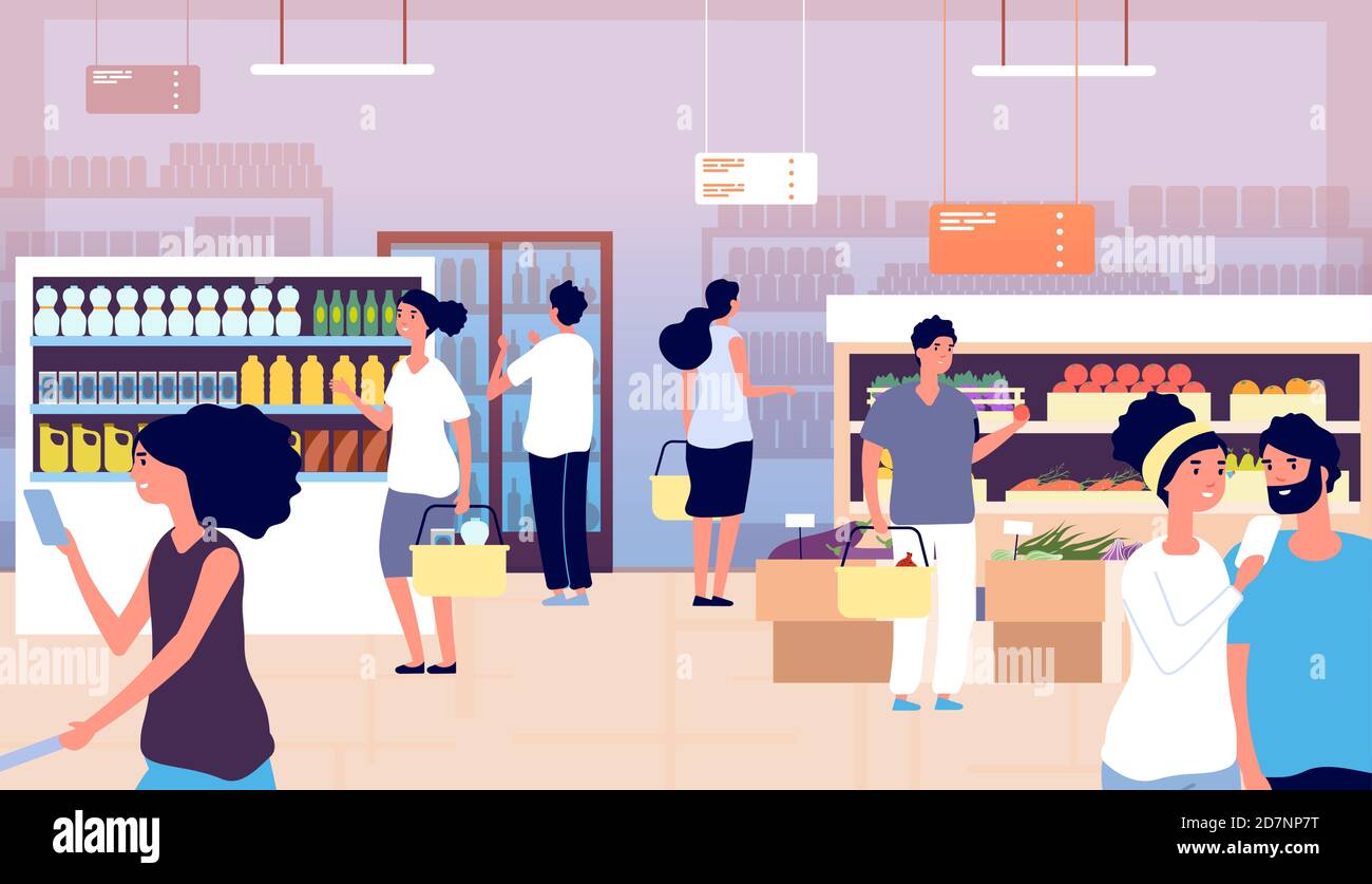 People in grocery store. Persons buy food, vegetables in supermarket. Shopping customers choosing products. Cartoon vector concept. Grocery market with food, store and shop retail illustration Stock Vector Image & Art - People in grocery store. Persons buy food, vegetables in supermarket. Shopping customers choosing products. Cartoon vector concept. Grocery market with food, store and shop retail illustration Stock Vector Image & Art -