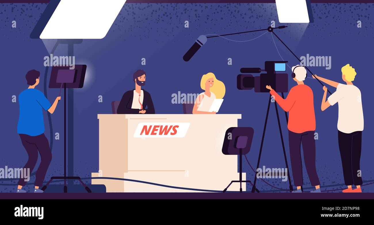 Tv studio news. Journalists stage desk tv broadcasting professional crew cameraman television interview show newscaster vector concept. Newscaster tv studio, broadcasting interview news illustration Stock Vector
