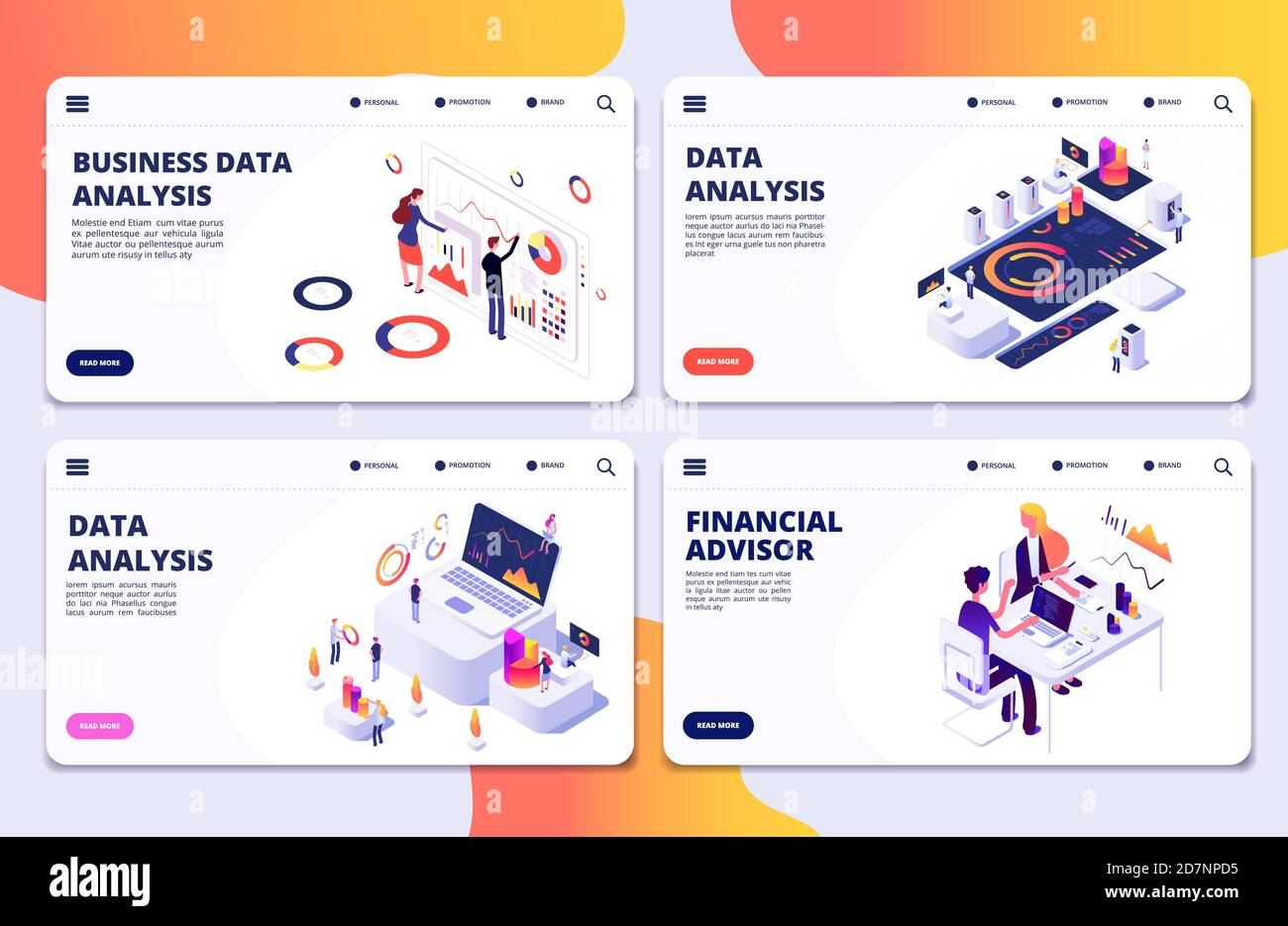 Data analysis, financial adviser, business data analysis vector landing pages template. Illustration of business financial management, analysis data Stock Vector