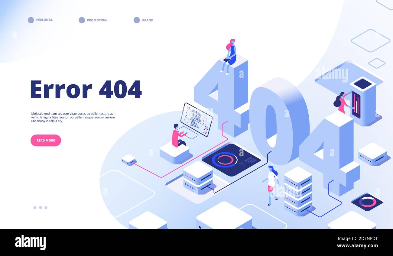 404 isometric page. Not working error lost not found 404 sign problem landing vector design. Illustration of 404 error page, 3d isometry webpage Stock Vector