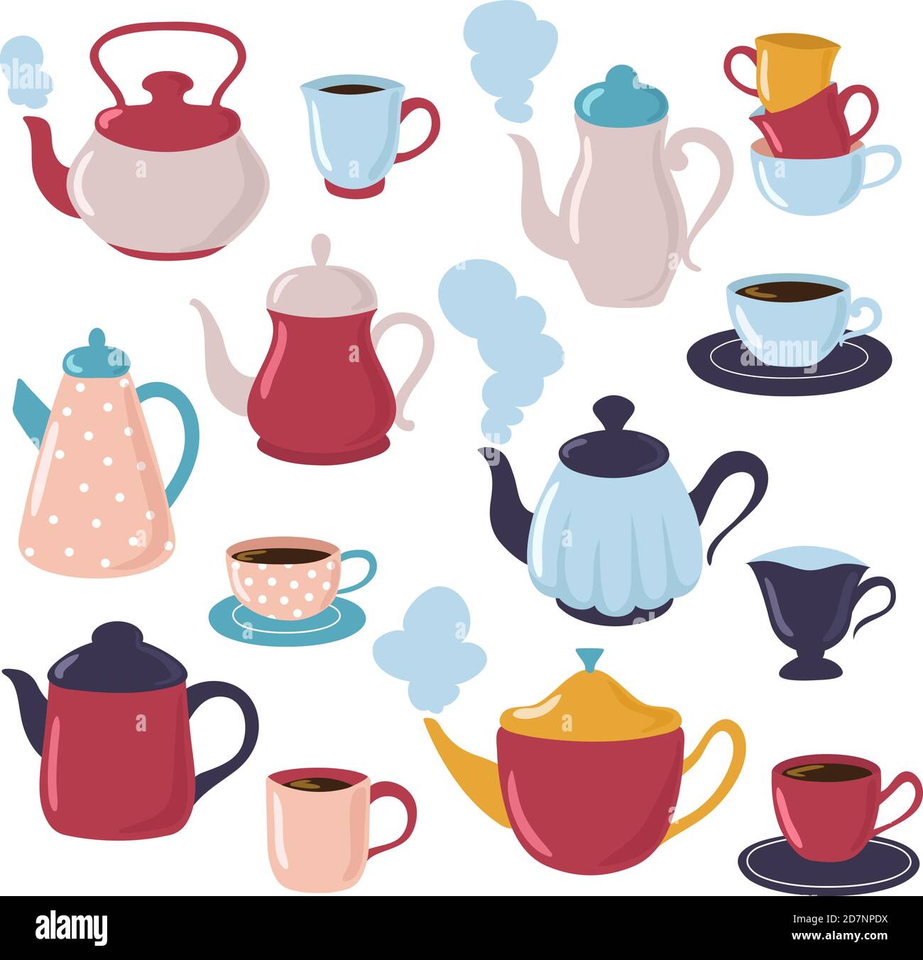 Teapot and cup collection. Cartoon water kettle and porcelain cups with tea. Kitchenware vector set. Teapot of cup, tea drink illustration Stock Vector