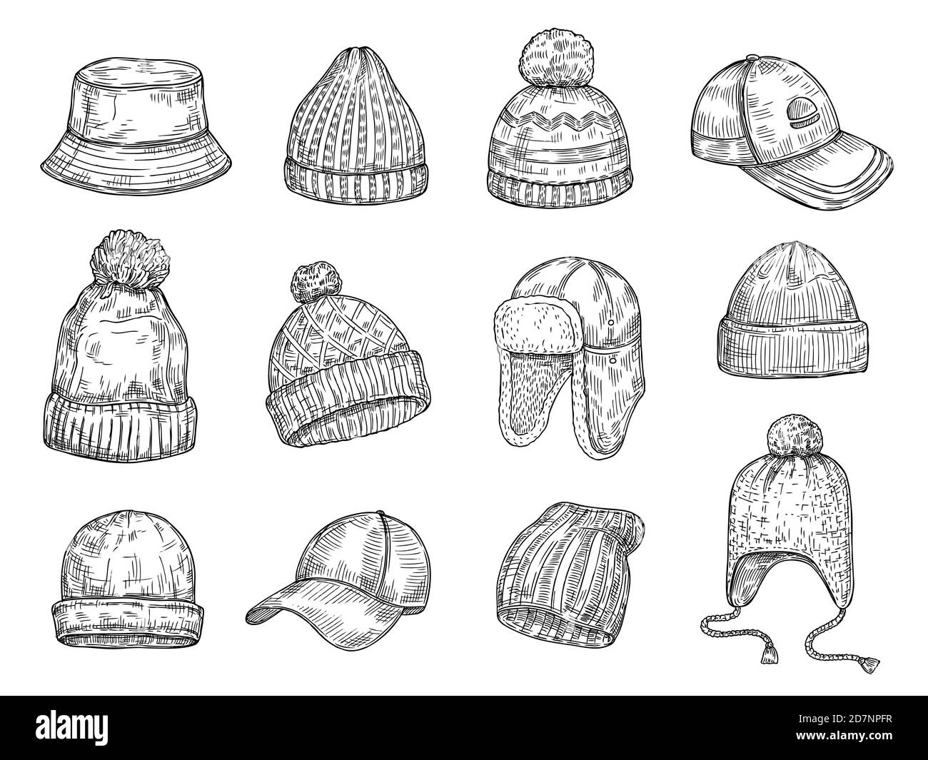 Doodle caps. Knitted winter hats, hand drawn warm cap vector isolated collection. Hat for winter, cap warm drawn illustration Stock Vector