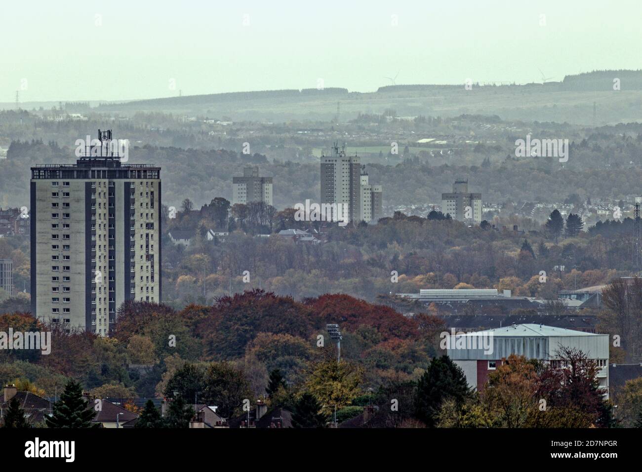 Glasgow, Scotland, UK. 24th October, 2020: UK Weather: Grey cold day saw grey sky and winter appearing over the south of the city and its towers. Credit: Gerard Ferry/Alamy Live News Stock Photo