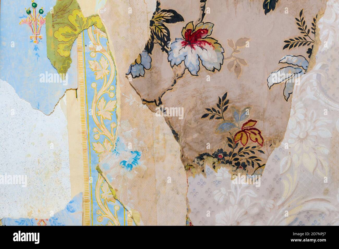 Layers of old wallpaper peeling in an abandoned house. There are at