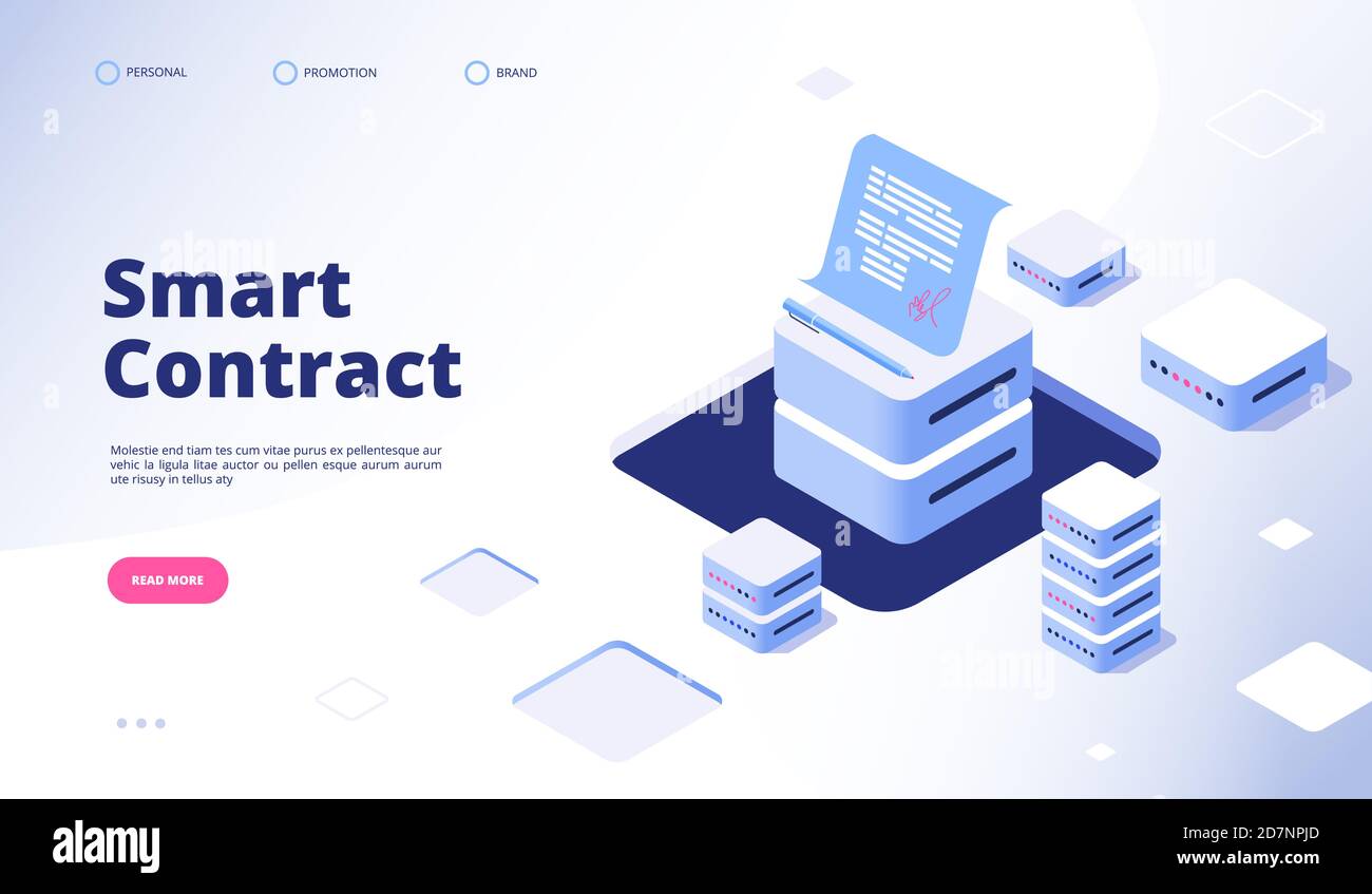 Smart contract concept. Digital signature document smart contracts finance data cryptography contractor agreement vector landing page. Illustration of signature smart contract document for business Stock Vector