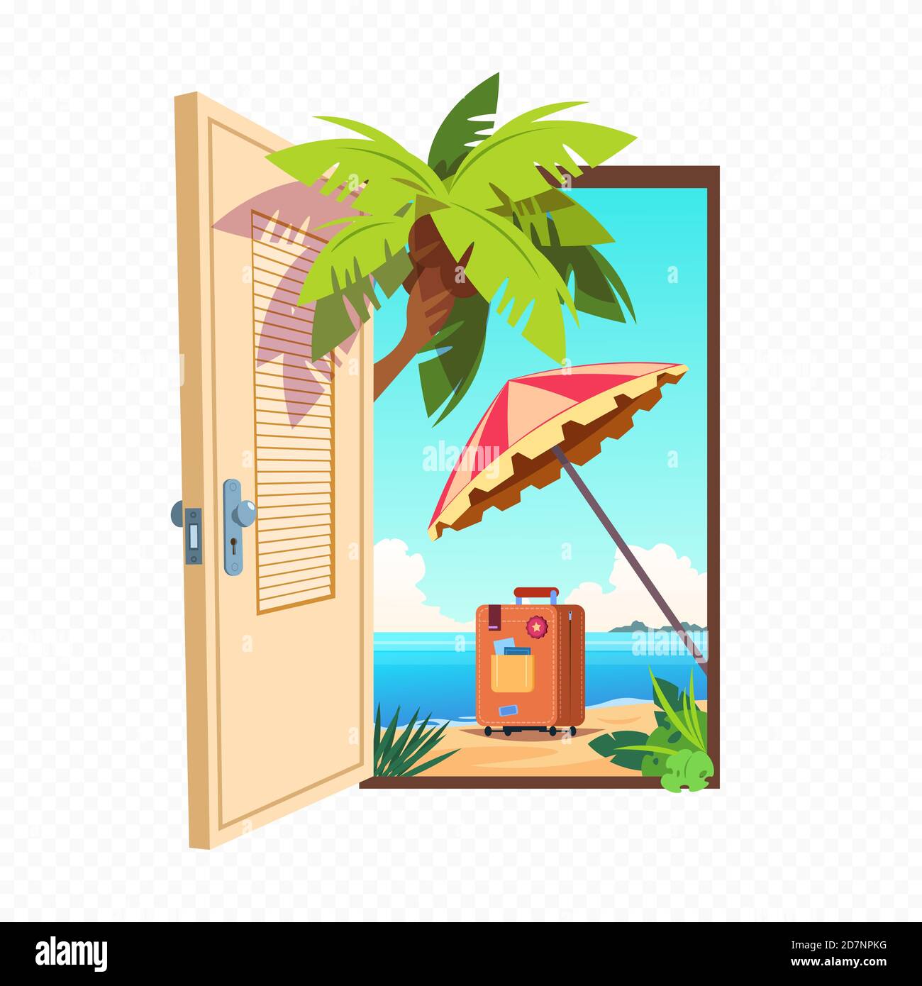 Opened spring door isolated on transparent background. Open entrance with summer landscape outdoor. Doorway to sea beach, paradise and travel illustration Stock Vector