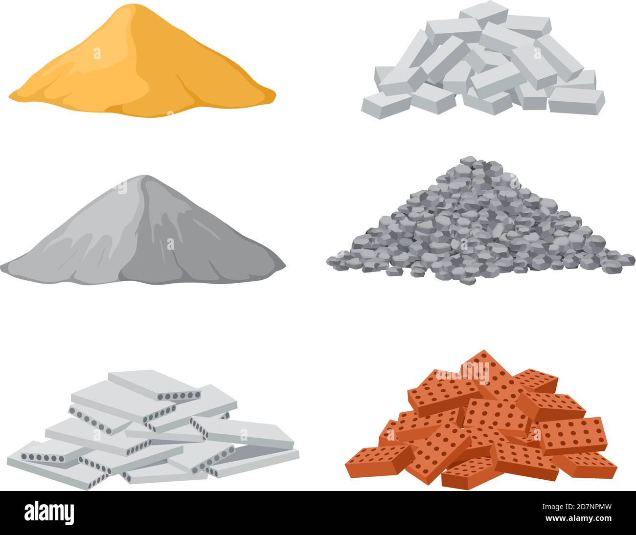 Building material piles. Red and lime brick, cement heaps. Gravel pile
