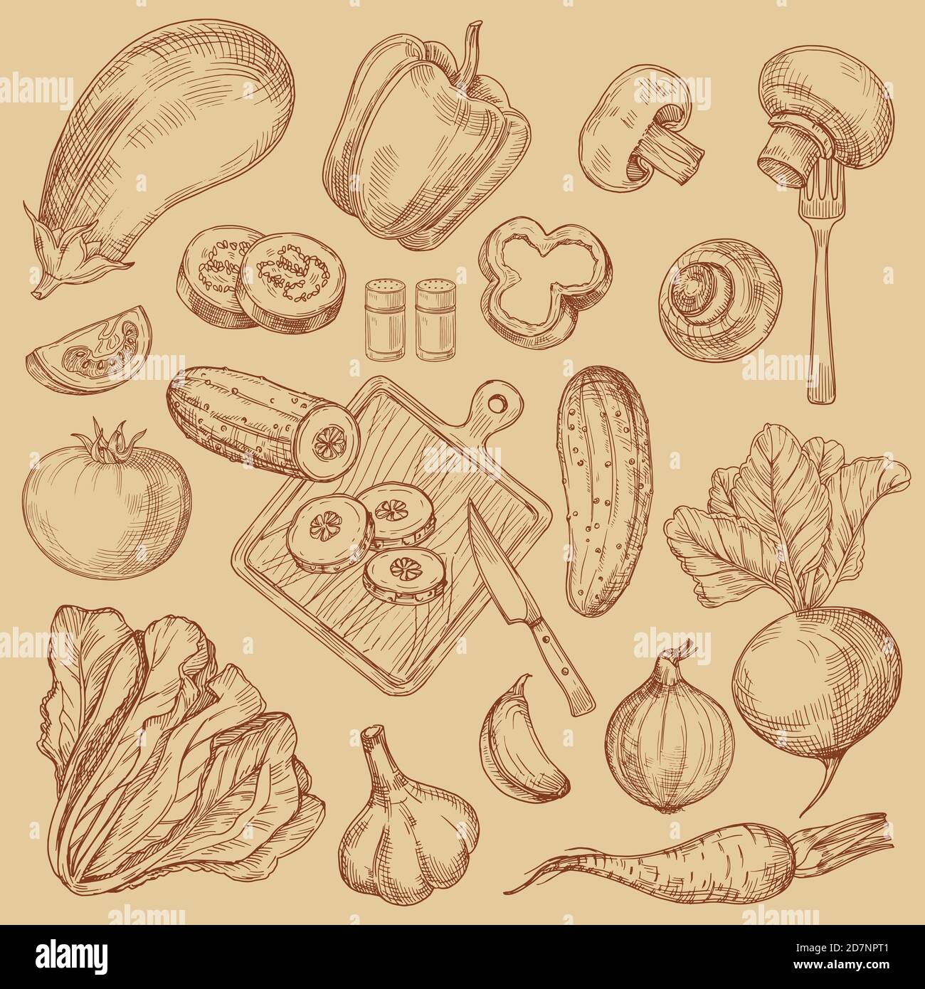 Organic fresh vegetables hand drawn sketch collection. Vector organic fresh vegetable, drawing tomato and eggplant Stock Vector