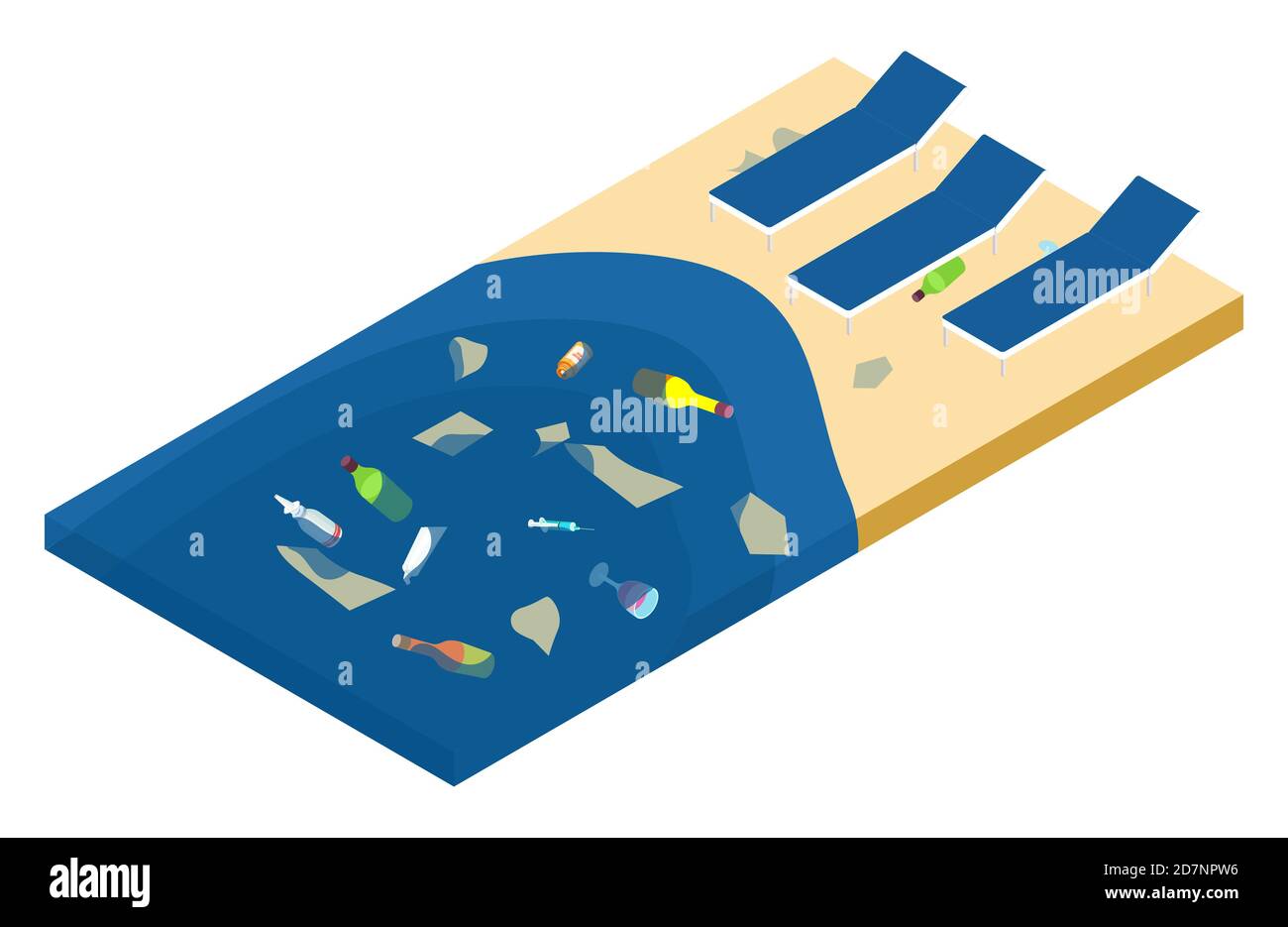 Garbage in the sea and on the beach, ocean pollution isometric vector concept. Illustration of pollution garbage sea and ocean, trash in environment Stock Vector