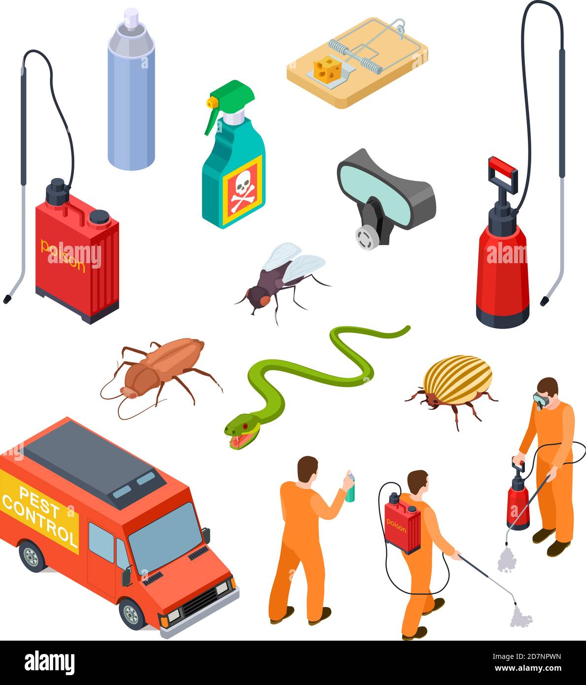 Pest control isometric. Insect fumigation rodent poison exterminator specialist 3d sanitary disinfection pest disinfectant vector set. Illustration of pest and cockroach, protection service control Stock Vector