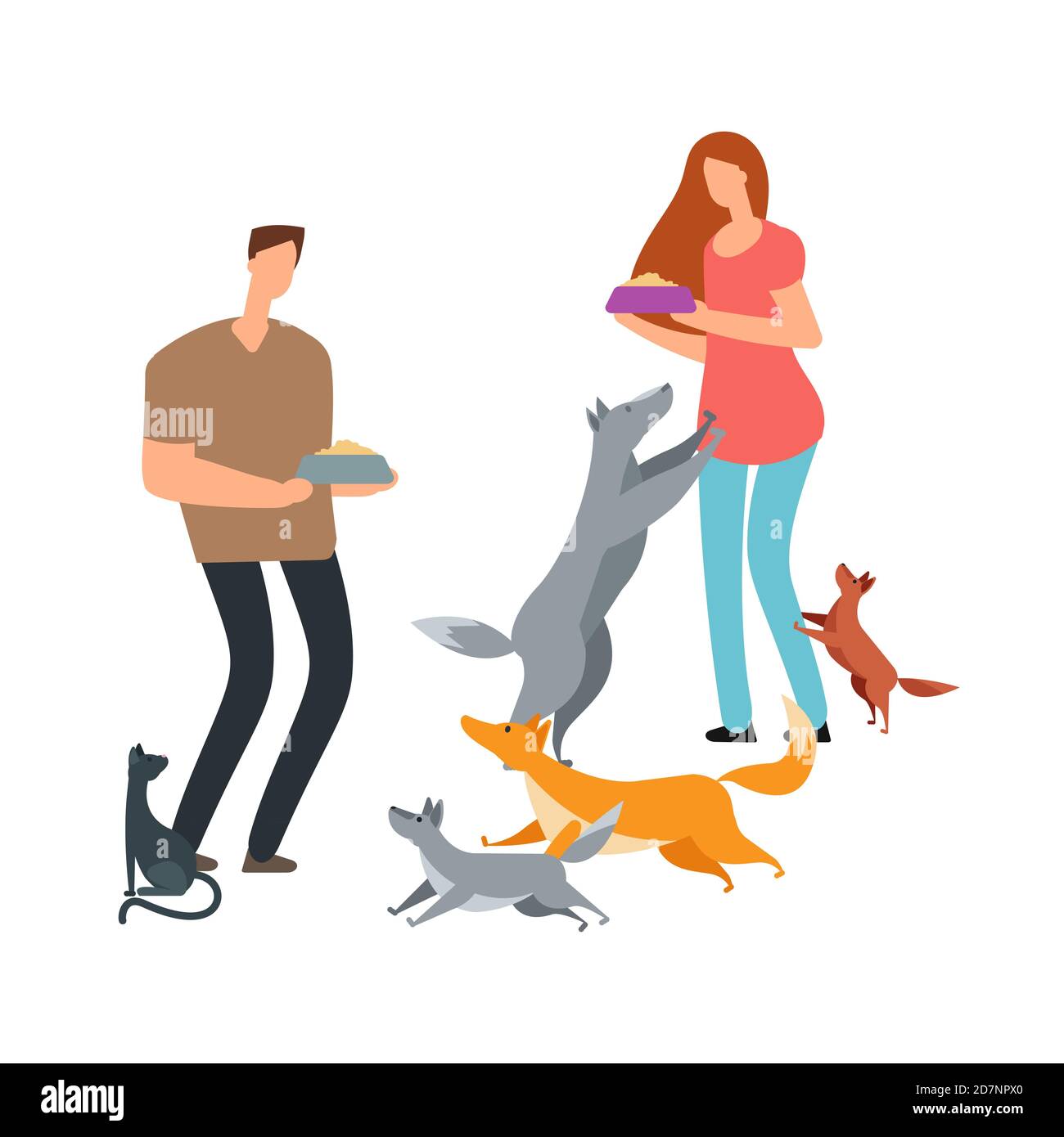 Volunteers and homeless dogs and cat vector illustration. Adoption and help pets dog and cat Stock Vector