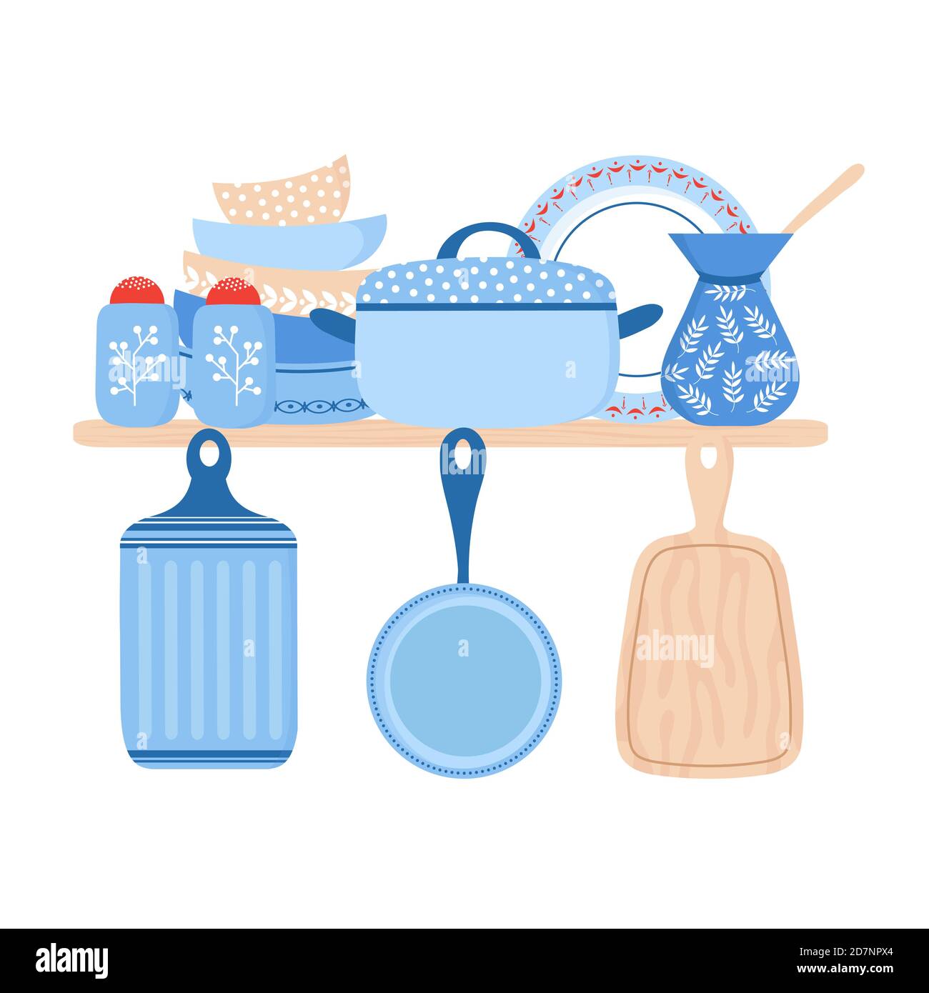 Crockery ceramic cookware. Blue porcelain dishes, pans and bowls vector illustration. Crockery porcelain dish plate, pottery and dishware Stock Vector