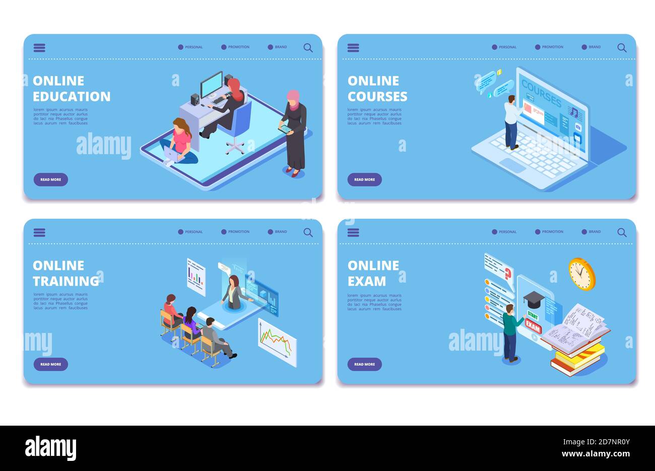 Online education isometric vector concept pages. Online exam, training, courses landing page set. Illustration of isometric training and studying, landing page online course Stock Vector