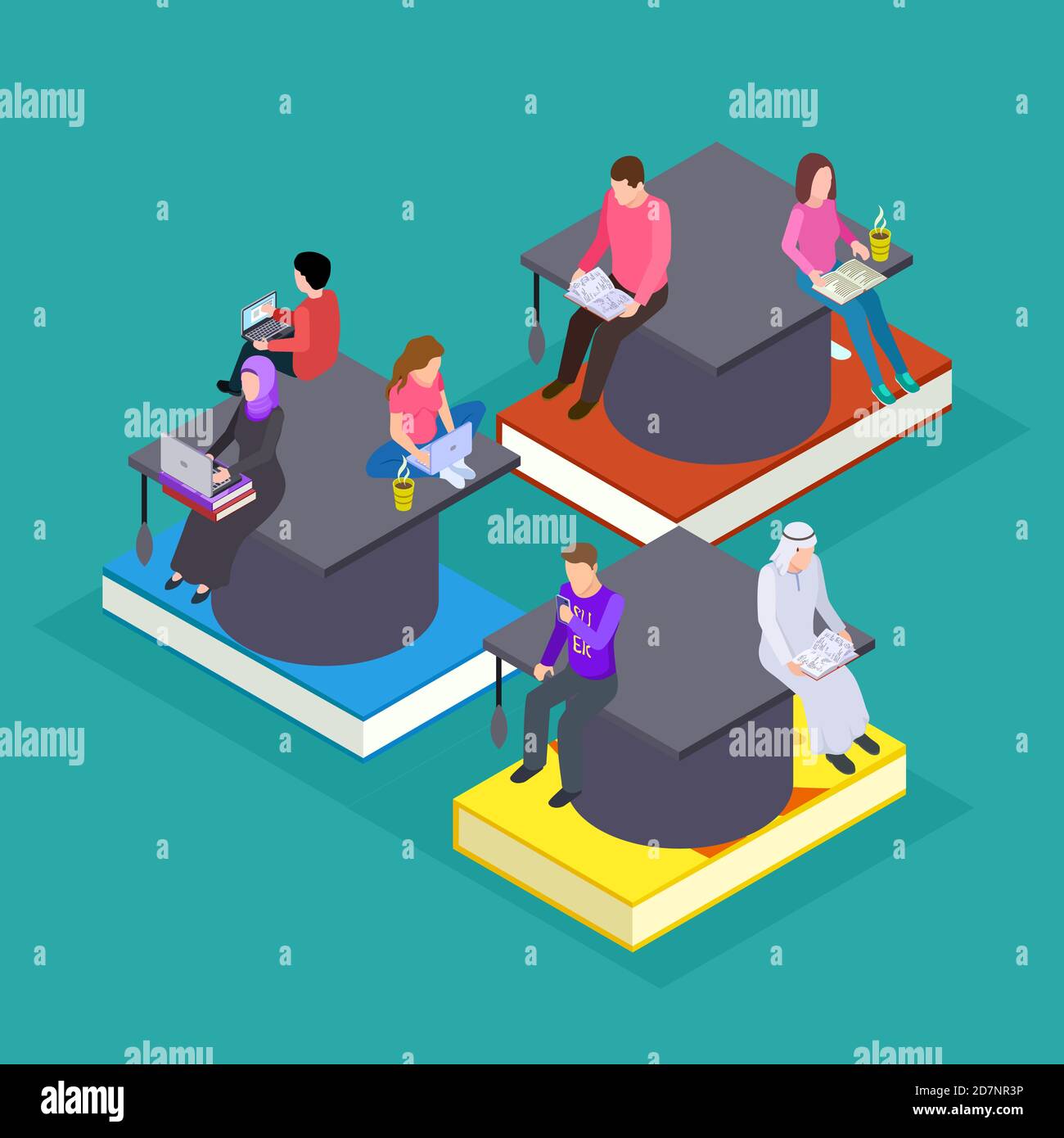 International students. Vector isometric education online. People with devices and books vector illustration. Studying and e-learning, teaching people online Stock Vector
