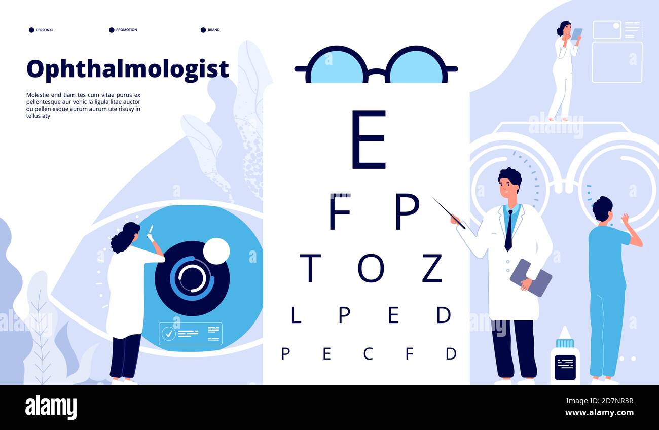 Ophthalmology landing. Ophthalmologist checks patient sight. Eyes test new technology. Eye care ophthalmological vector concept. Illustration vision and optometry test examination Stock Vector