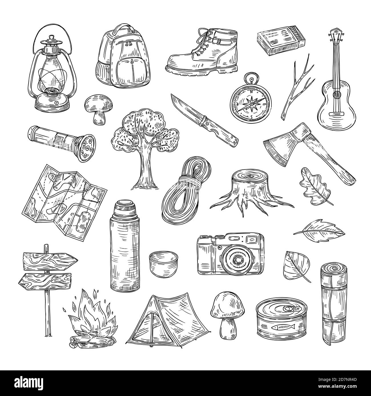 Doodle camping. Hiking camp natural wood scout outdoor summer adventure sketch outline vector icons. Illustration of sketch hiking tourism, travel expedition elements Stock Vector