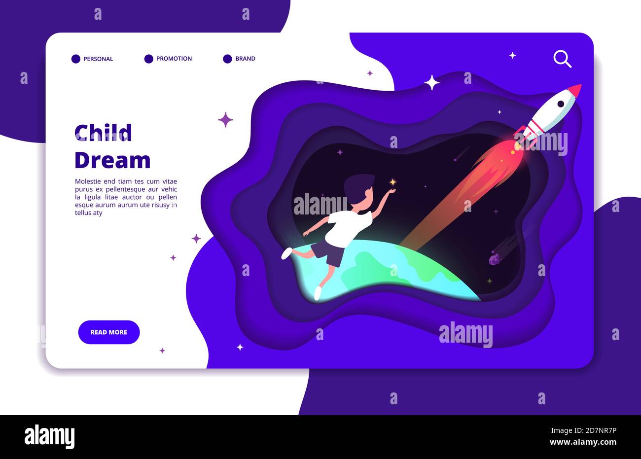 Child dreams concept. Kids imagination with space travelling boy and earth and space shuttle rocket in night sky vector landing page. Space dream exploration, kids adventure spacecraft illustration Stock Vector