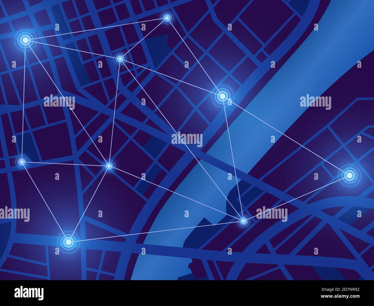 Futuristic city map. Gps location monitor. Top view digital night city. Navigation technology vector background. Illustration of city location, urban navigation street, route and roadmap Stock Vector