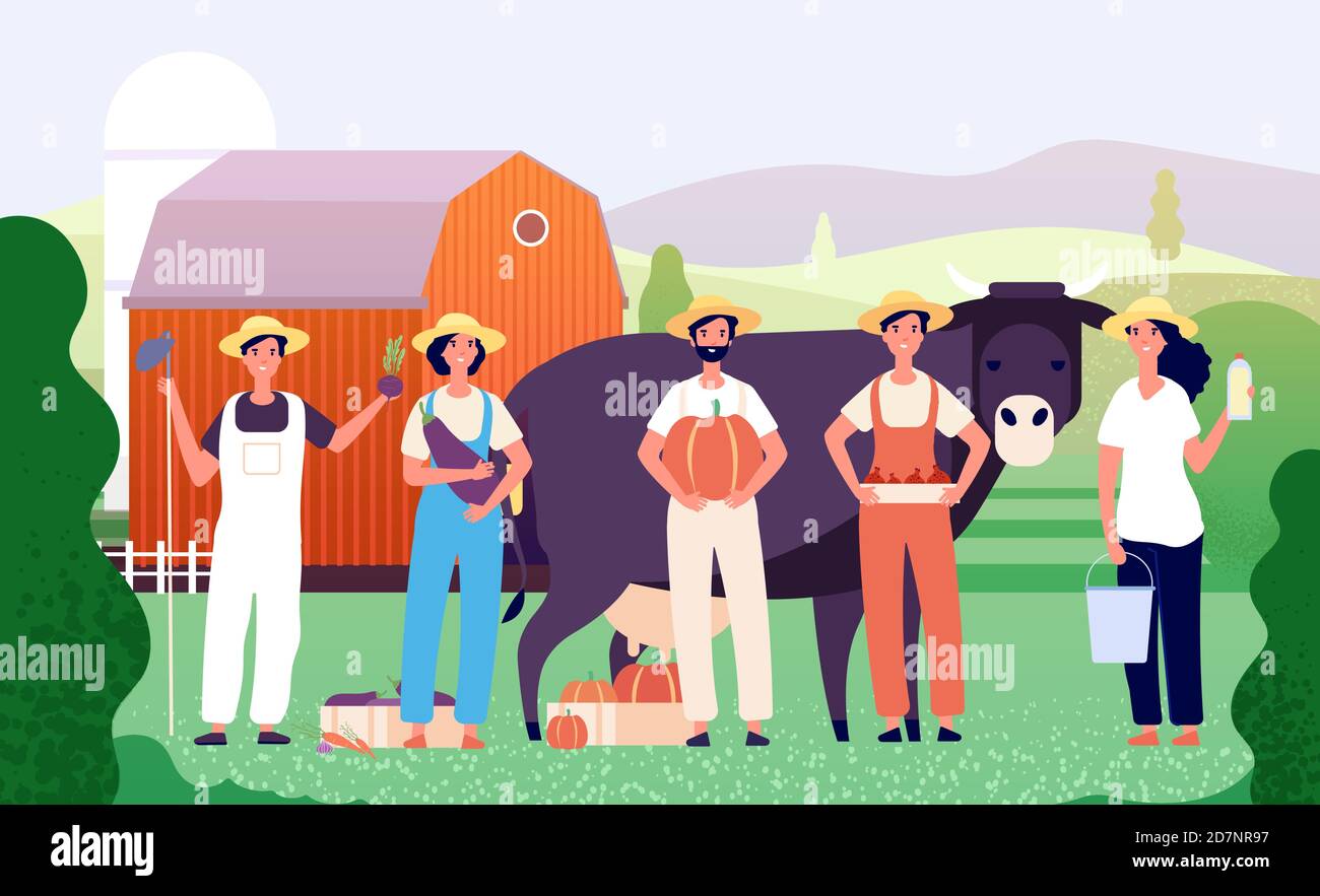 Farmers group. Agricultural workers, farmer team standing together with fresh farm food in field. Agriculture vector cartoon concept with cow and barn Stock Vector