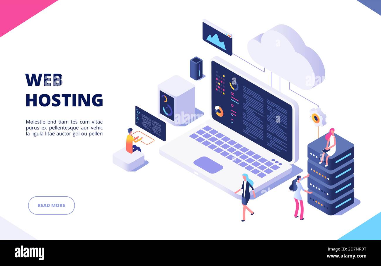 Web hosting concept. Cloud computing online database technology security computer web data center server isometric landing vector page. Server network cloud, database hosting illustration Stock Vector